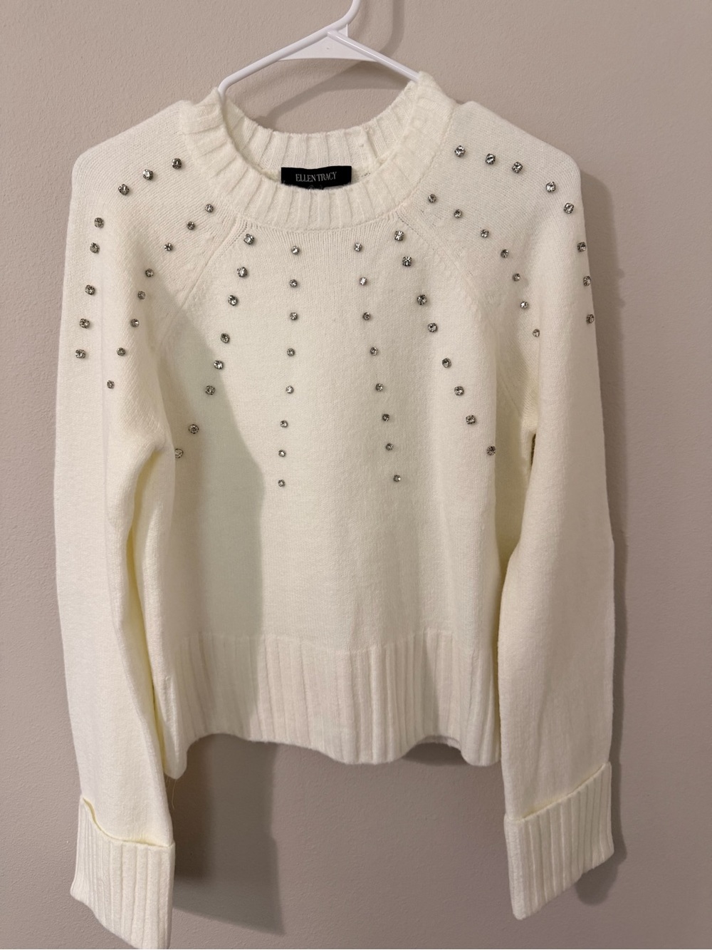 Ellen Tracy Cream Crewneck Sweater with Silver Stud Embellishment